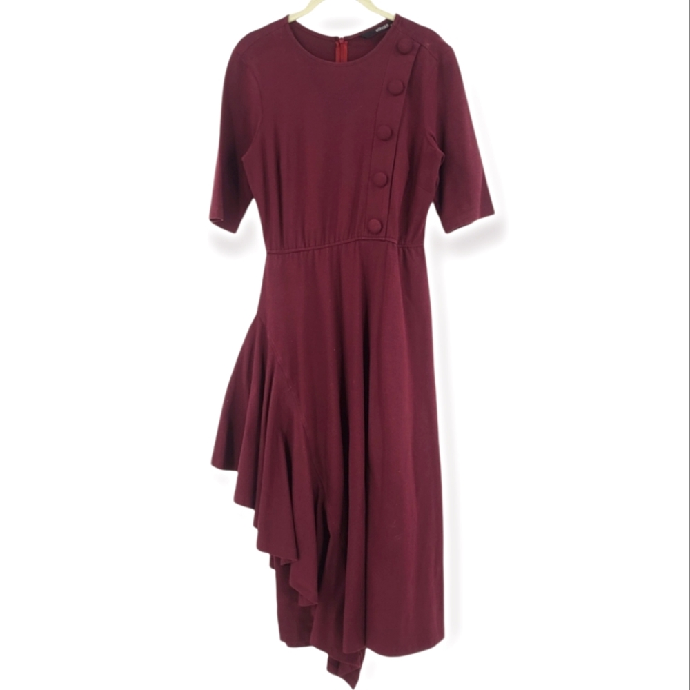 eShakti Asymmetrical Ruffle A-Line Cotton Midi Dress Elbow Length Sleeve 8 US